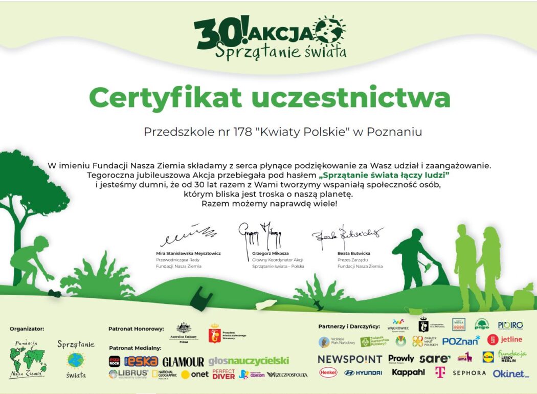 Certyfikat dla dzieci z Przedszkola 178 za uczestnictwo w sprzątaniu świata